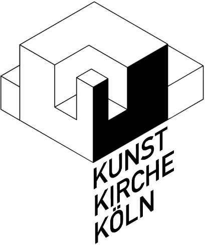 Logo der KunstKircheKoeln in der Erlöserkirche Koeln-Weidenpesch - zeigt die Gebaeudeumrisse der Erloeserkirche und der schwarz eingefaerbten Front - unten angeschmiegt sind in Versalen die Worte KunstKircheKöln